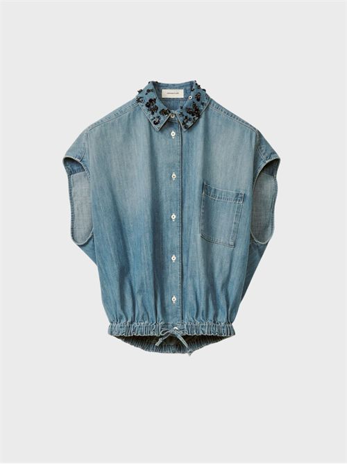 Oversized chambray shirt with sequin and crystal degradé embroidery FABIANA FILIPPI | CAD275F598L384VR1